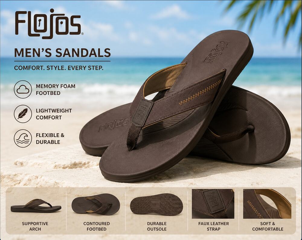Flojos Brown Memory Foam Flip Flop Sandals Men's Size 11 NWOT